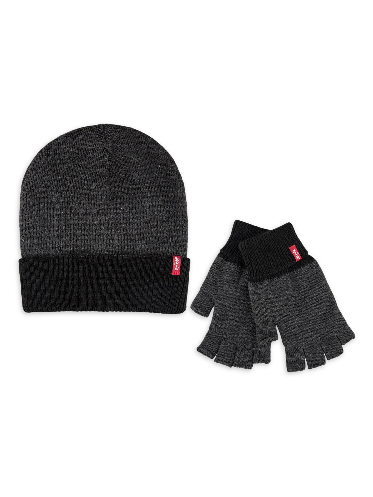 Levi's Men's Fingerless Winter Gloves with Reversible Beanie Hat Set