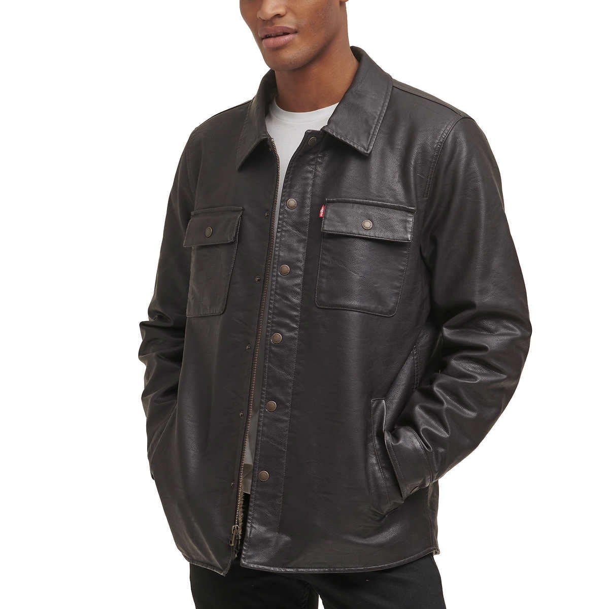 Levi's Men's Full Fleece Lining Faux Leather Jacket, Brown, Large
