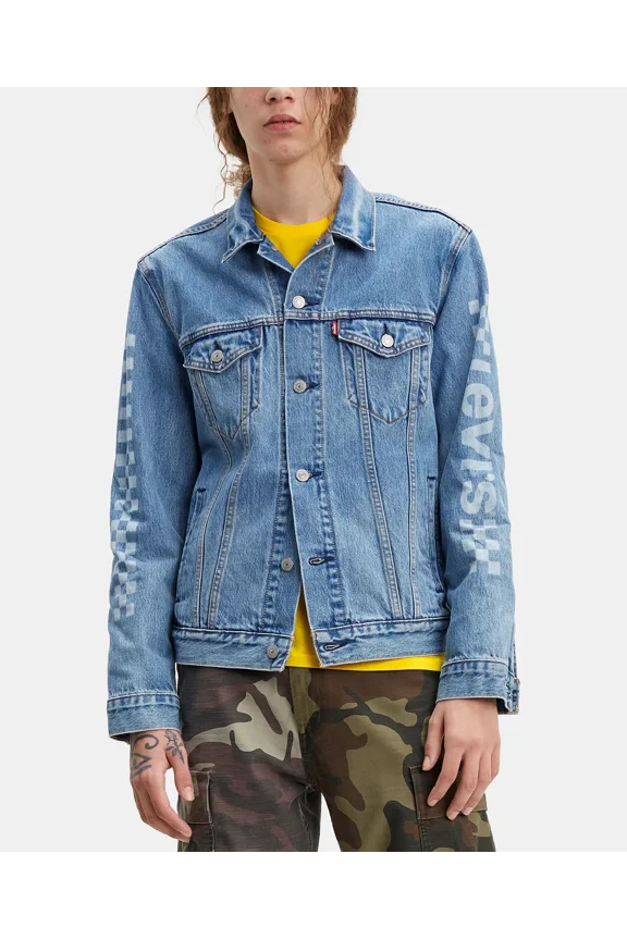 Men's Long-Sleeve Button-Front Denim Trucker Jacket (Medium Wash, Medium, M)