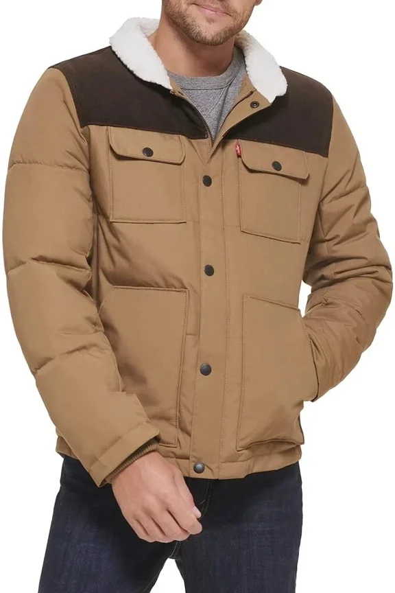 Men's Mixed Quilted Jacket in Brown Combo, Size Small, LM2RP184-B1C