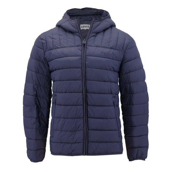 Levi's Men's Puffer Embroidered Logo Hood Quilted Packable Zipper Red Tab Jacket (Blue- S)