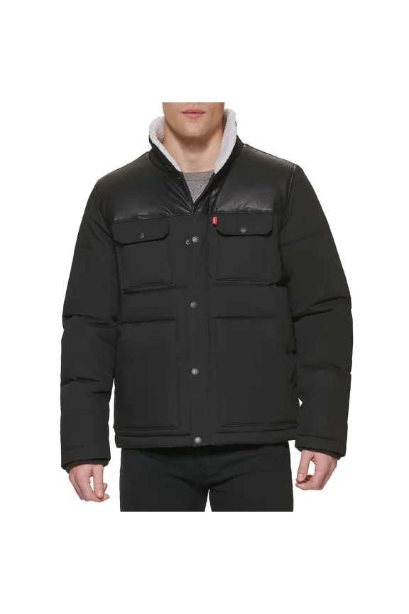 Men's Quilted Mixed Media Shirttail Work Wear Puffer JacketBlack  Medium
