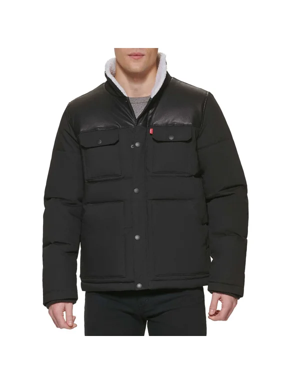 Men's Quilted Mixed Media Shirttail Work Wear Puffer JacketBlack Medium