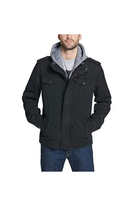 Men's Washed Cotton Military Jacket with Removable Hood (Standard and Big & Tall), Black, Medium