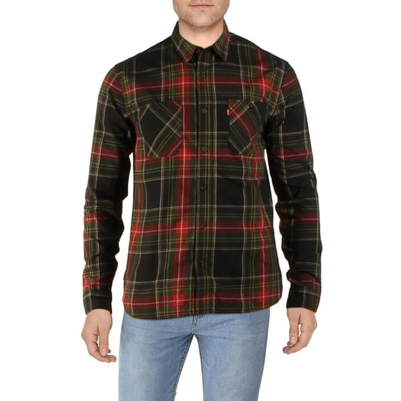 Levi's Mens Malden Plaid Pocket Button-Down Shirt Black XL