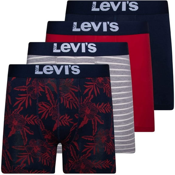 Levi's Mens Stretch Boxer Brief Underwear Breathable Stretch Underwear 4 Pack Navy,Red/Grey Stripe/Hibiscus, Medium