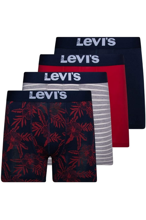 Mens Stretch Boxer Brief Underwear Breathable Stretch Underwear 4 Pack Navy,Red/Grey Stripe/Hibiscus, Small