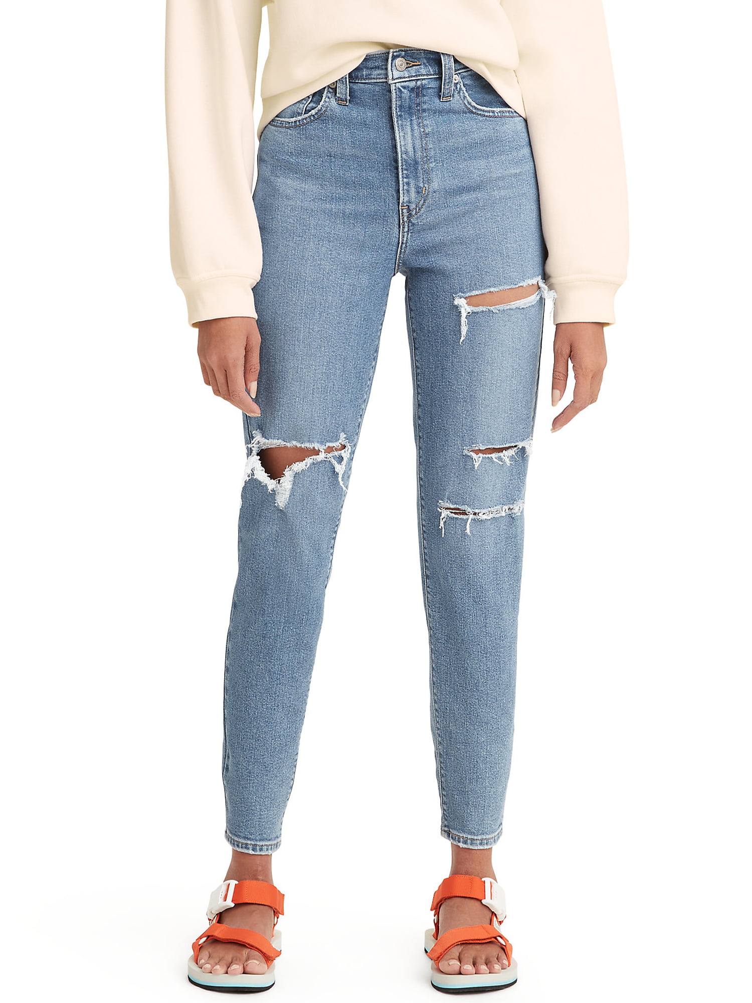 Levi Women's High Rise Mom Jeans - Fun Mom (Mid Wash Deconstructed)