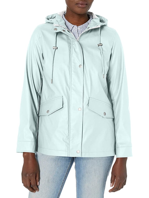 PALE BLUE Women's Plus Size Hooded Mid-Length Swing Rain Jacket 2X