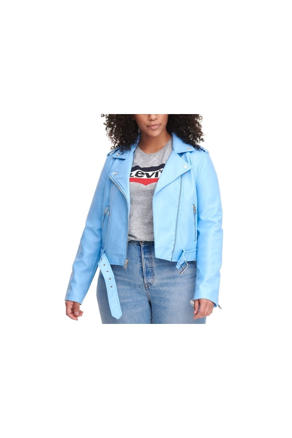 Plus Size Faux Leather Belted Motorcycle Jacket Placid Blue 1X