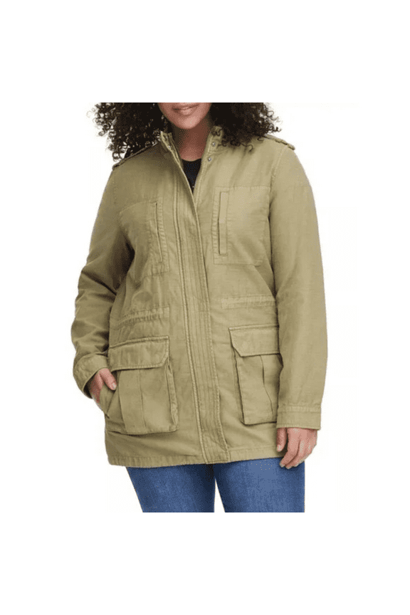 Stand Collar Cotton Anorak Jacket in Green, Size M