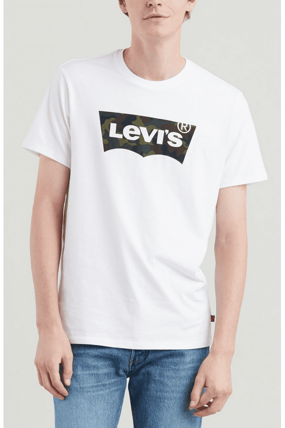 WHITE Men's Short Sleeve Camo Batwing Logo Crewneck T-Shirt, US Large