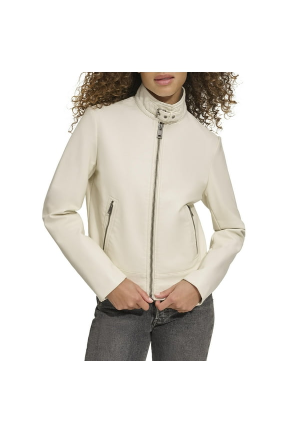 White Faux Leather Racer Jacket Oyster Latch Collar XL