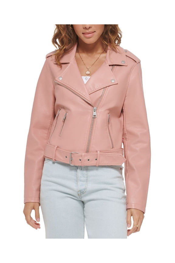 Womens Faux Leather Motorcycle Jacket, Red, Medium