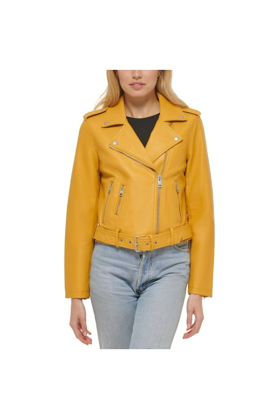 Levis Womens Faux-Leather Belted Hem Moto Jacket, Gold, Small