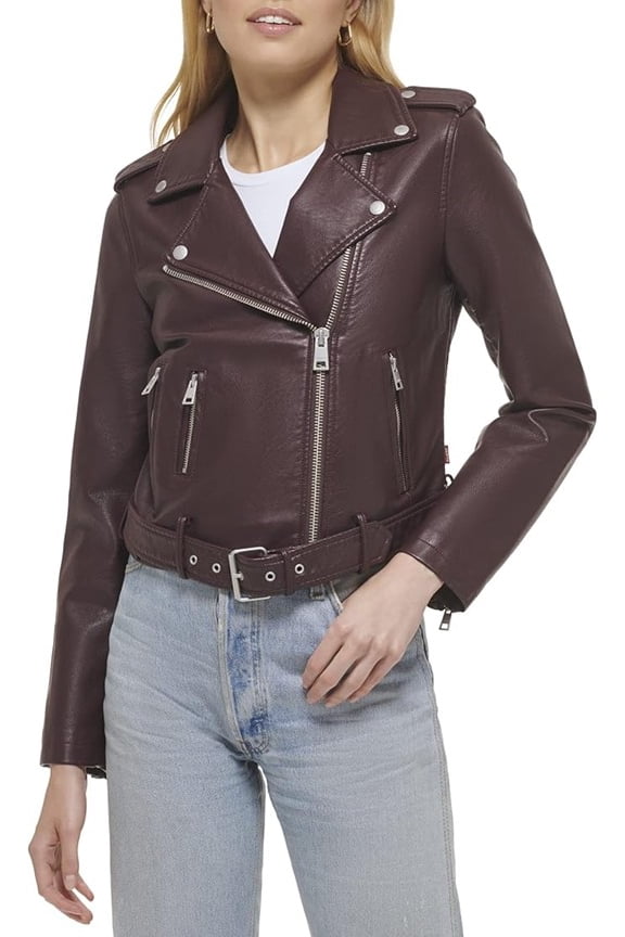 Women's Faux Leather Belted Motorcycle Jacket Burgundy, 2X