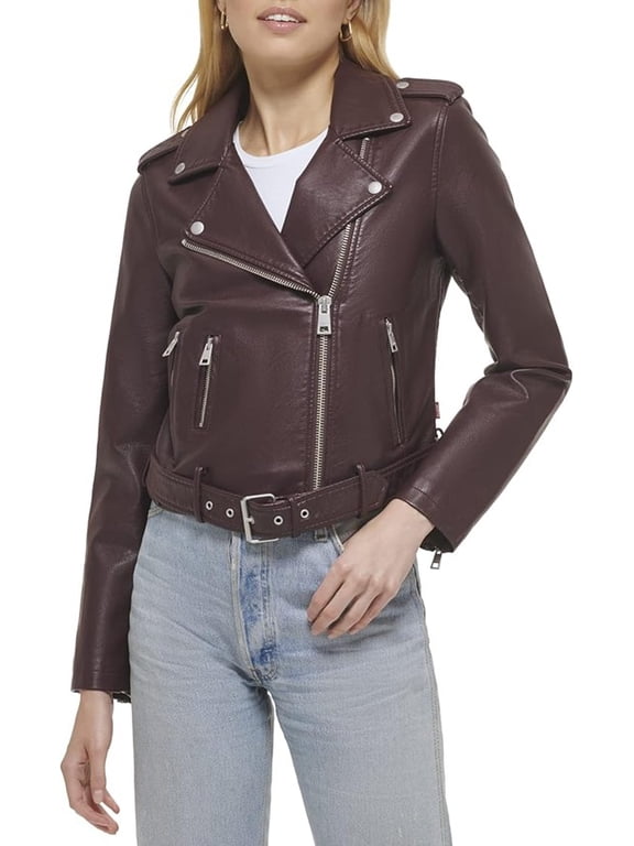 Women's Faux Leather Belted Motorcycle Jacket Burgundy, 2X