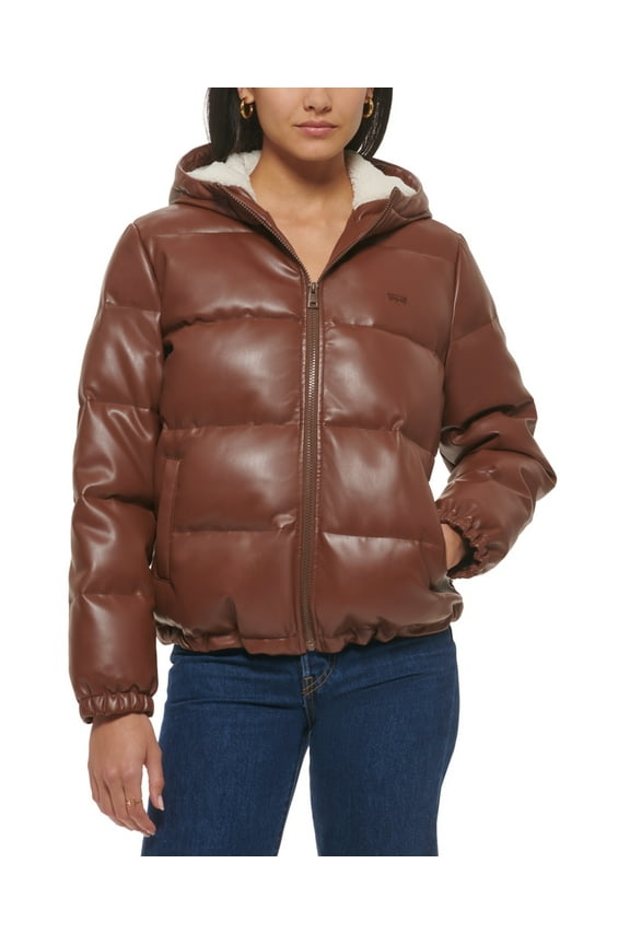 Women's Faux Leather Hooded Puffer Coat, Dark Brown, X-Large