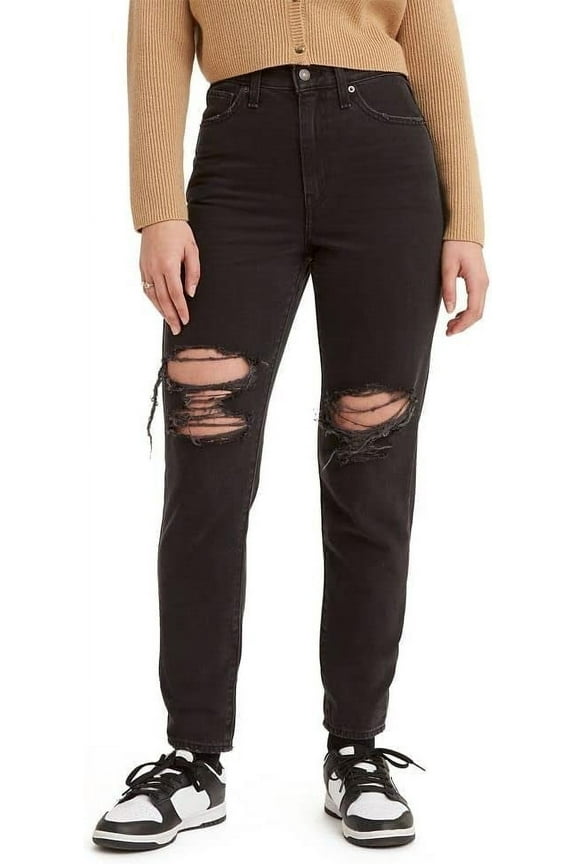 Women's High Waisted Mom Jeans, Black Destructed, 29 x 27