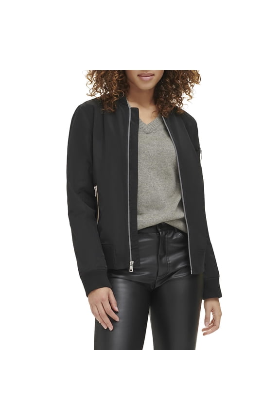 Women's Poly Bomber Jacket with Contrast Zipper Pockets, Black, X-Small