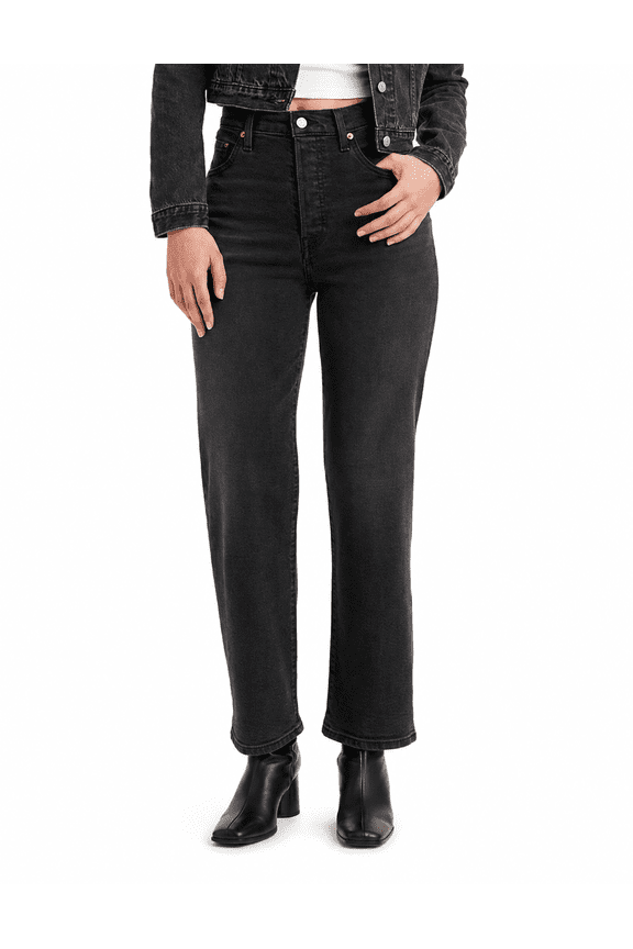 Women's Ribcage Straight Ankle Jeans Black Rinse High Rise Stretch Denim Pants