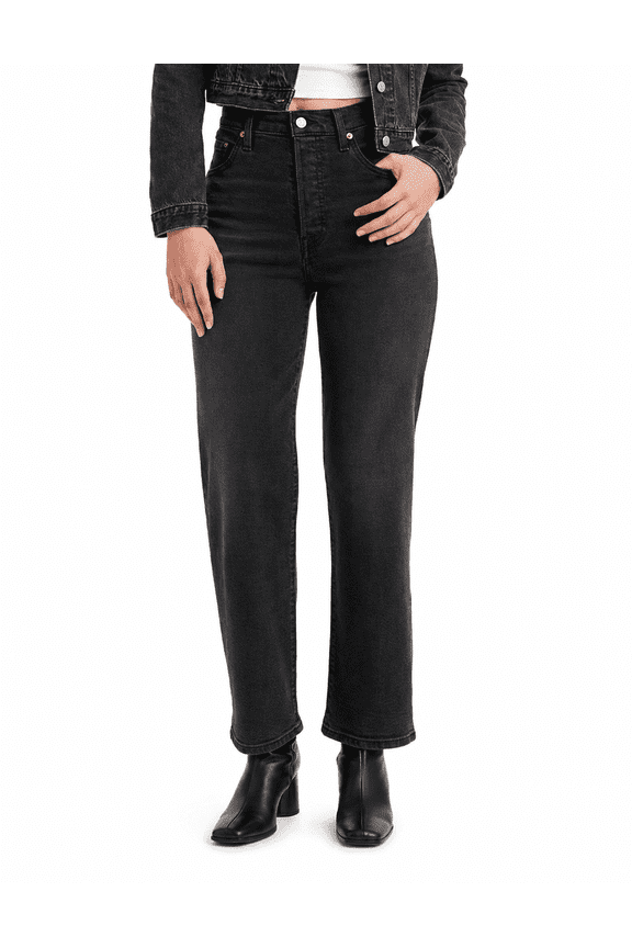 Women's Ribcage Straight Ankle Jeans Black Rinse High Rise Stretch Denim Pants