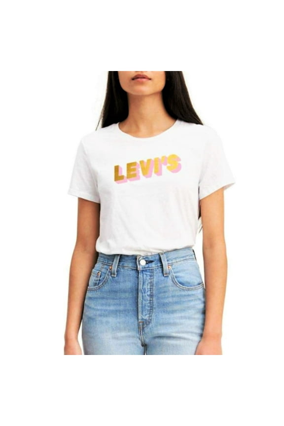 Women's The Perfect Tee Gold Pink Glitter Logo Print Cotton T-Shirt-White / L