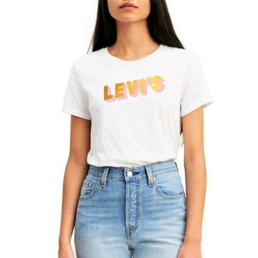 Levi's Women's The Perfect Tee Gold Pink Glitter Logo Print Cotton T-Shirt-White / XL