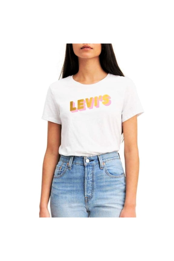 Women's The Perfect Tee Gold Pink Glitter Logo Print Cotton T-Shirt-White / XL