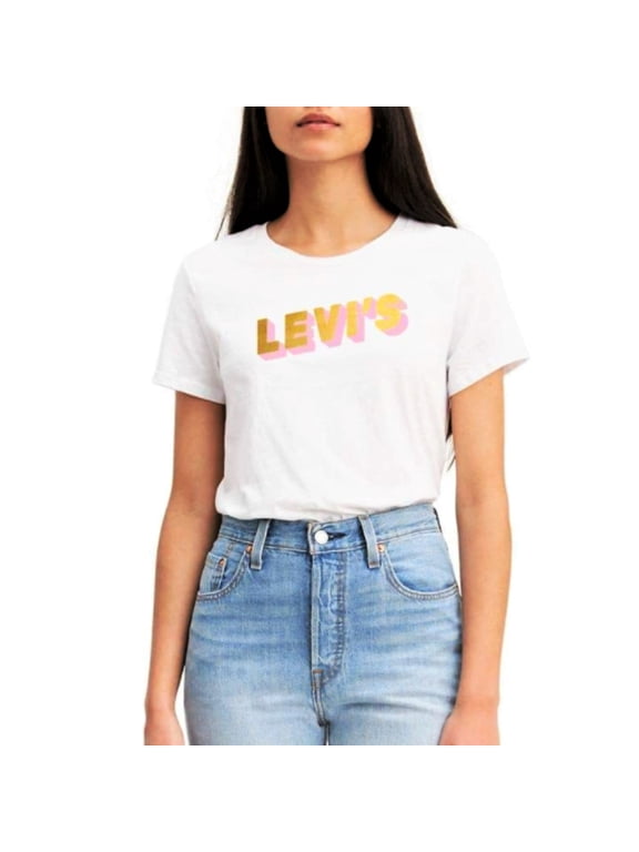 Women's The Perfect Tee Gold Pink Glitter Logo Print Cotton T-Shirt-White / XXL