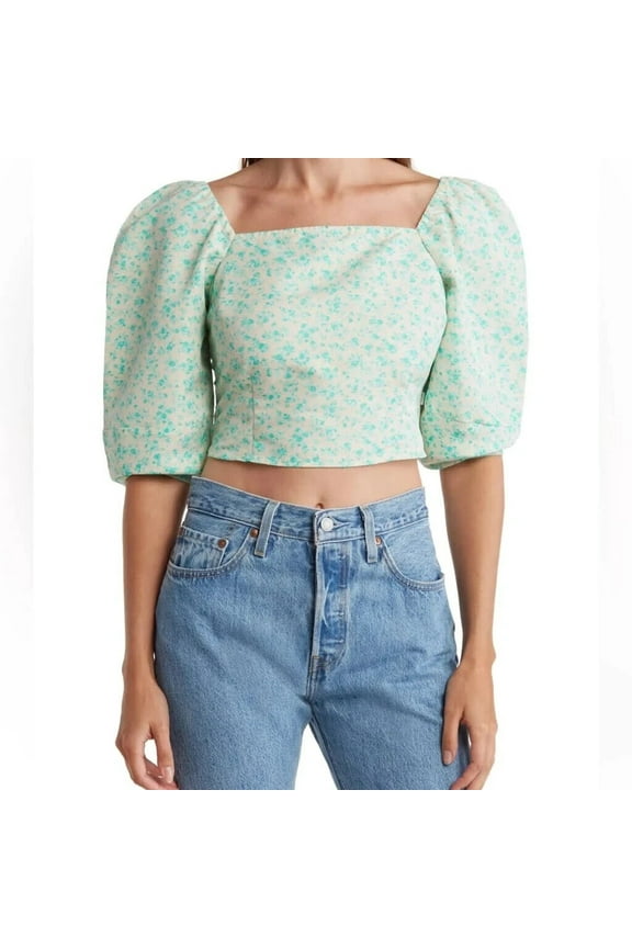 Women's Yvie Puff 3/4 Sleeve Cropped Blouse - Electric Green Floral, Large
