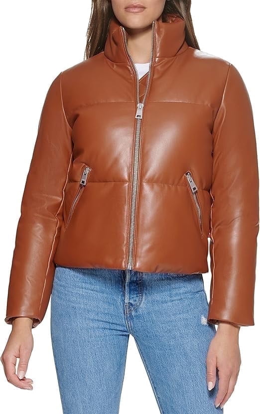Levi's Womens Faux Leather Moto Puffer Jacket Camel Medium