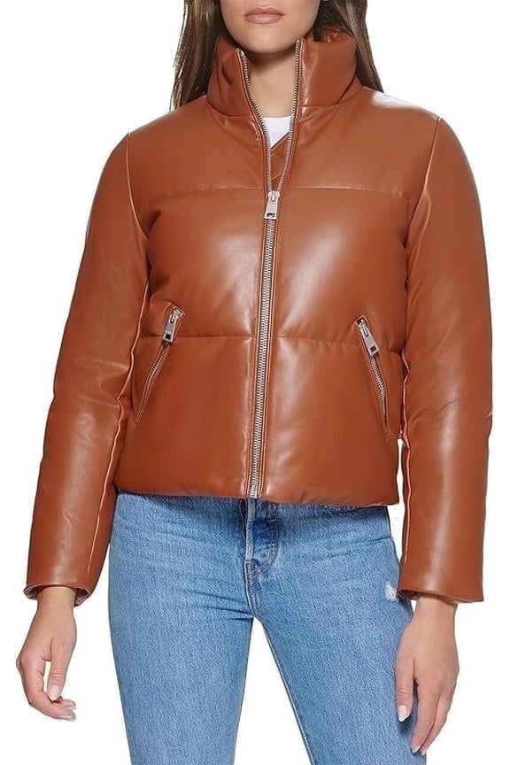 Womens Faux Leather Moto Puffer Jacket Camel Medium