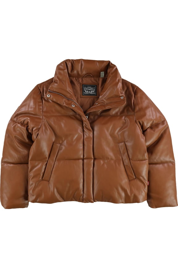 Womens Faux Leather Quilted Puffer Jacket, Brown, X-Small