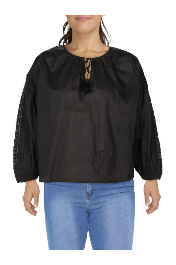 Womens Juniors Freya Cotton Crochet Trim Blouse Black XL