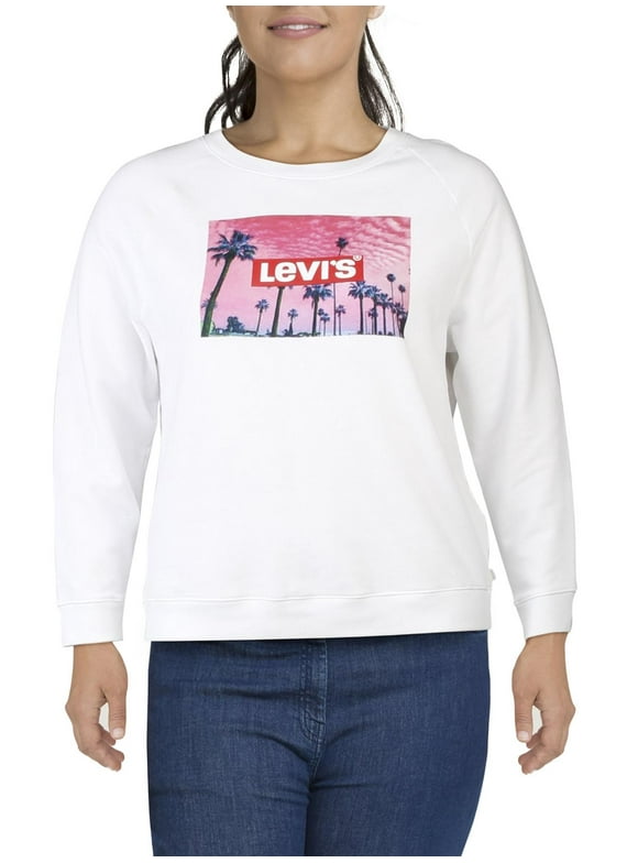 Womens Plus Logo Ribbed Trim Crew Sweatshirt,White,1X