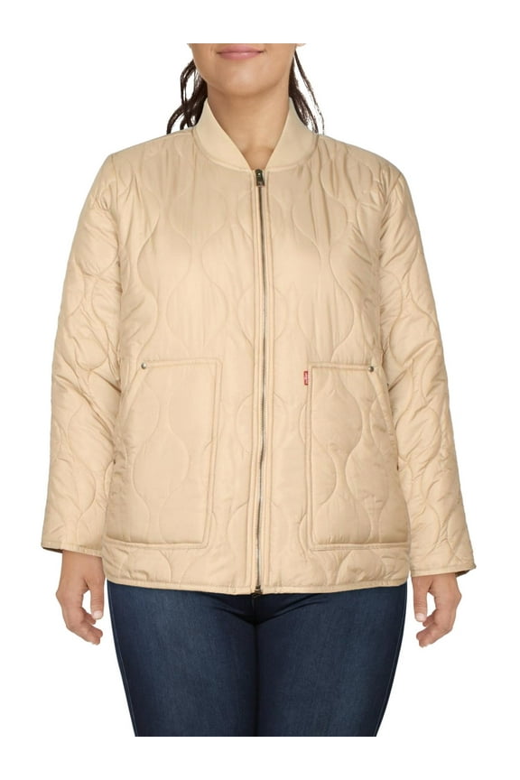Womens Plus Ribbed Trim Long Sleeves Quilted Coat