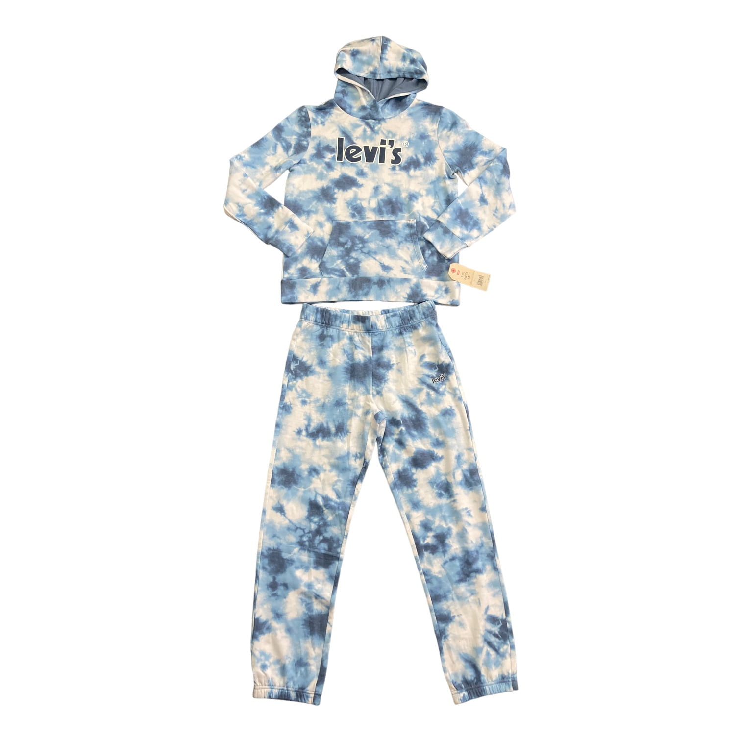 Levi s Youth Girl s 2 Piece Long Sleeve Hoodie and Jogger Graphic Logo Set Blue White Tie Dye 6 6X Walmart