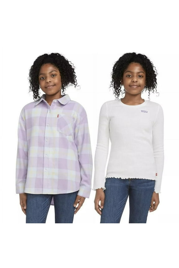 Youth Girls Purple Plaid Flannel + Thermal 2 piece | Medium (10/12), Purple