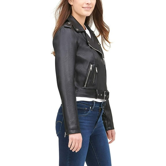 Levi's women's Faux Leather Belted Motorcycle Jacket - Black (Large)