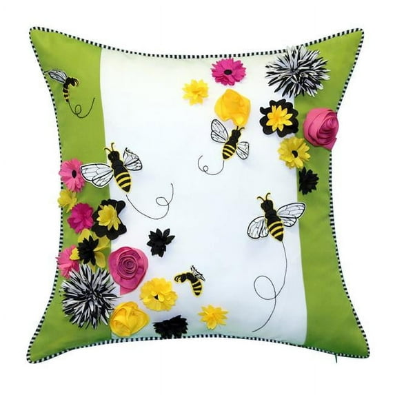 Levinsohn Textile EAH089XX656527 18 x 18 in. Edie Home Bees & Flowers Dimensional Indoor & Outdoor Decorative Pillow - Multi Color