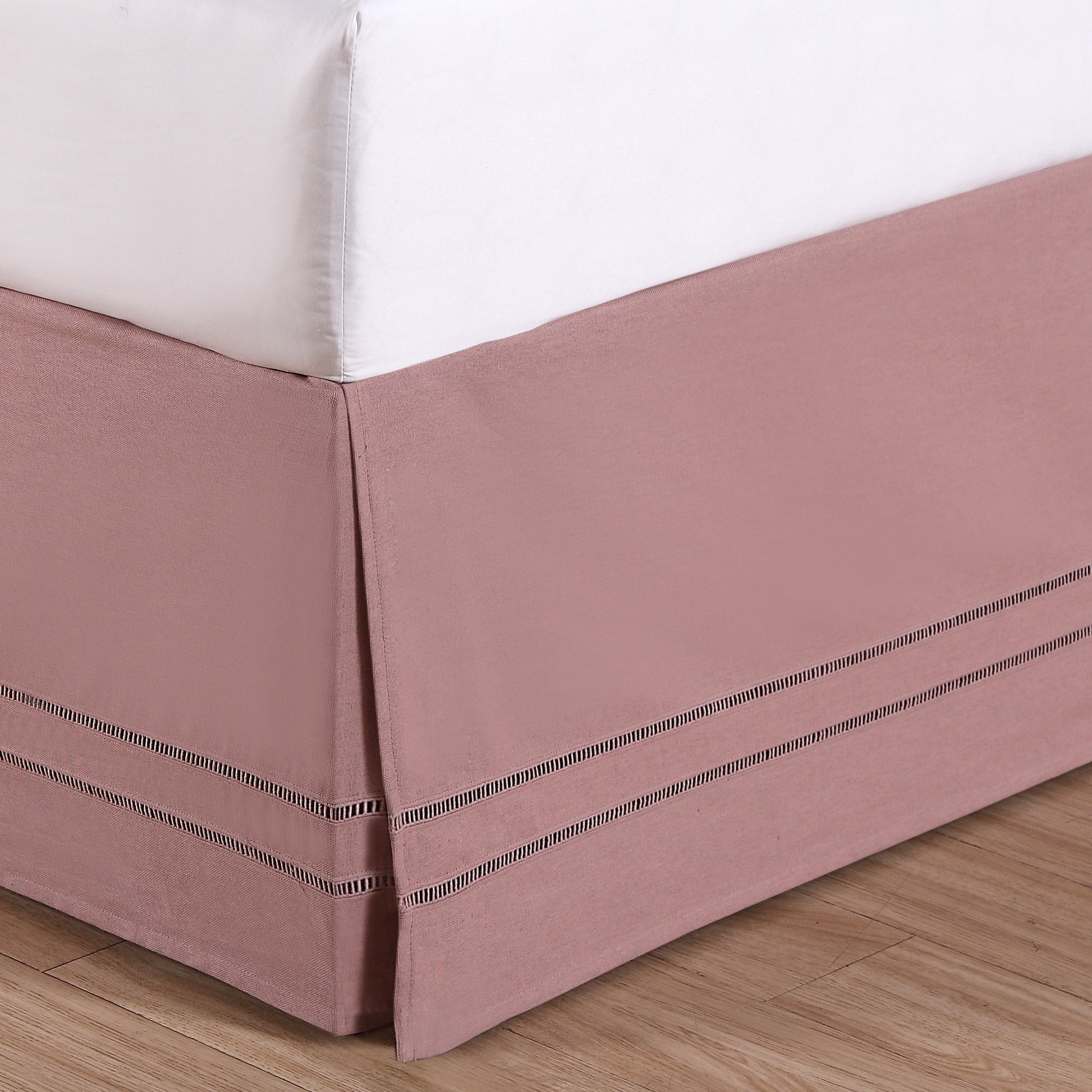 Blush Cotton Linen Full Bed Skirt with Hemstitch Detail