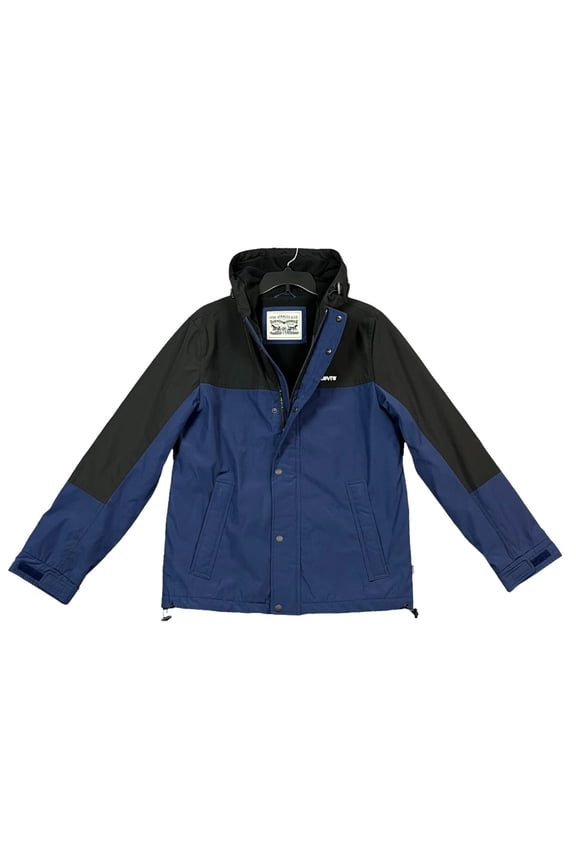 Levis Mens Fleece Lined Shell Jacket Size M Blue Black Hooded Water Resistant