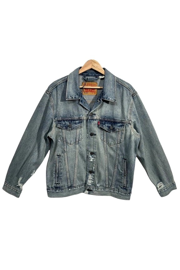 Levis Mens Denim Trucker Jacket Size S Light Indigo Distressed Relaxed Fit