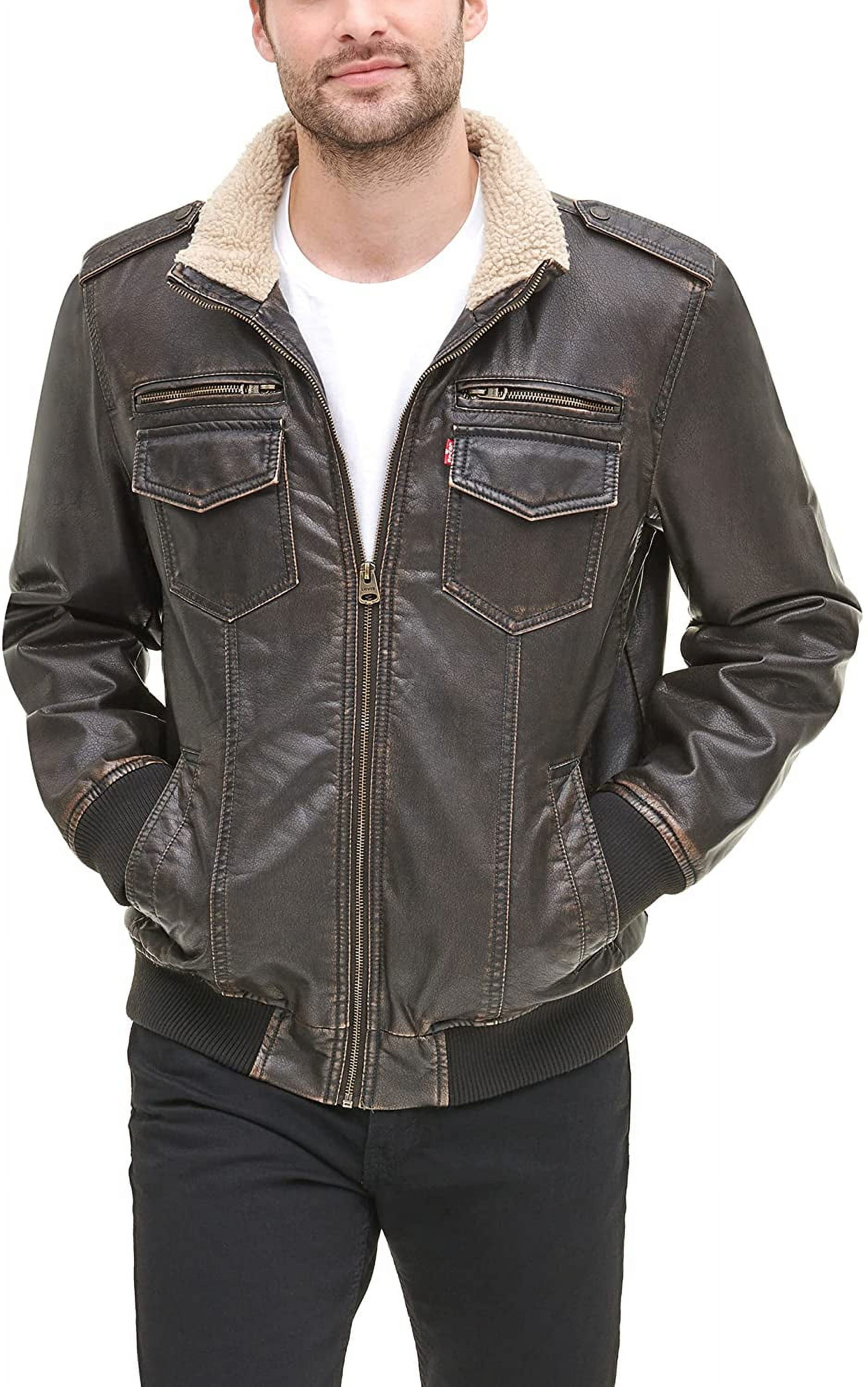 Levis Mens Faux Leather Sherpa Aviator Bomber Jacket Standard Large Dark  Brown