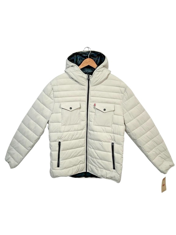 Levis Mens Stretch Quilted Puffer Jacket XL Off-White-Ice Hooded Water Resistant