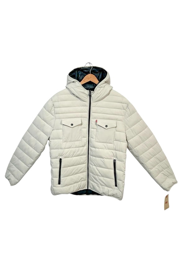 Levis Mens Stretch Quilted Puffer Jacket XL Off-White-Ice Hooded Water Resistant