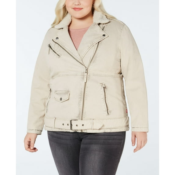 Levis Plus Size Faux Sherpa Lined Twill Moto Jacket Washed Khaki 3X