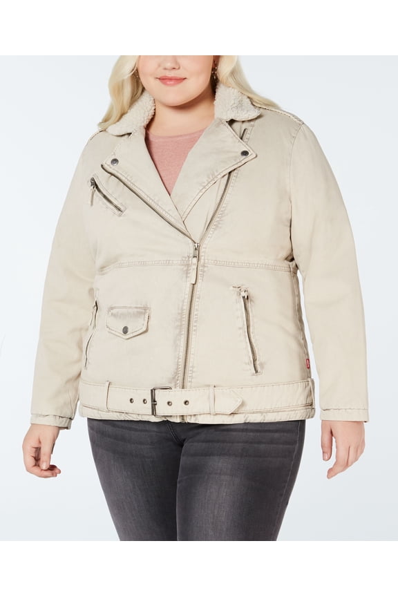 Levis Plus Size Faux Sherpa Lined Twill Moto Jacket Washed Khaki 3X