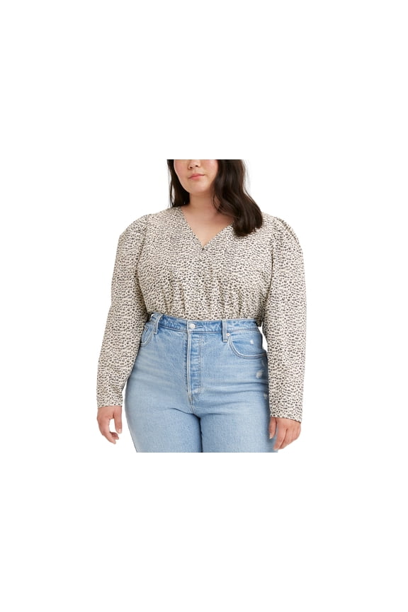 Levis Plus Size Printed Teegan Mutton Sleeve Blouse Notch Print Sandshell 3X